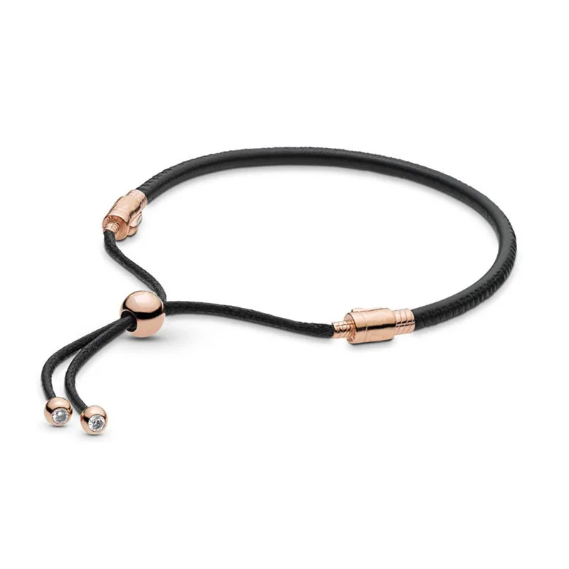 

2019 Summer New 925 Sterling Silver Bead Charm Rope Fit Original Pandora Rose Black Leather Sliding Bracelet Women DIY Jewelry