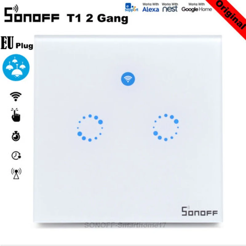 Sonoff T1 ЕС Умный дом Wifi настенный сенсорный светильник сенсорный/WiFi/433 RF/APP пульт дистанционного управления работает с Alexa Google Home - Комплект: 2 Gang