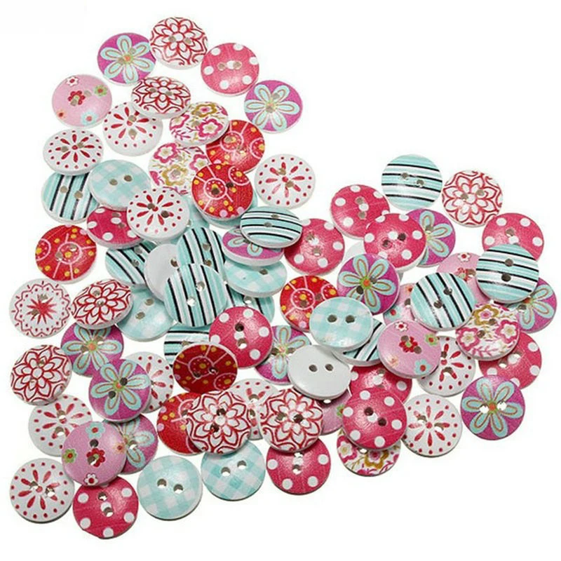 Wholesale 100Pcs 2 Holes Buttons Mixed Printing Round Pattern Wood Buttons Scrapbooking 15mm DIY Sewing Buttons Home Decor Tools (5)