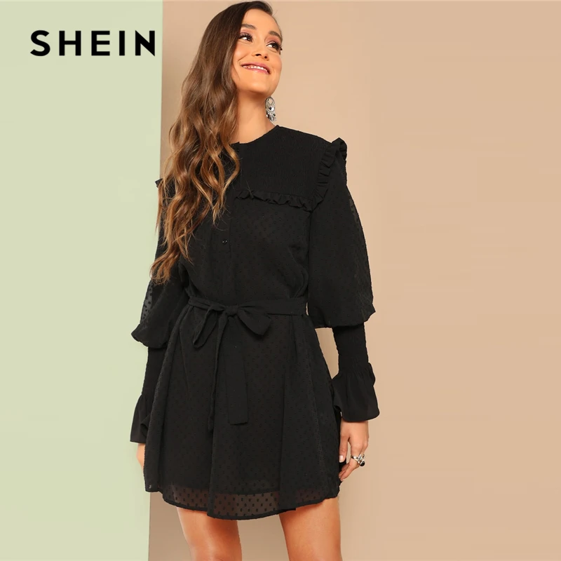 SHEIN Платье-Рубашка С Оригинальным Рукавом И Поясом, Стильное Платье С Длинными Рукавами