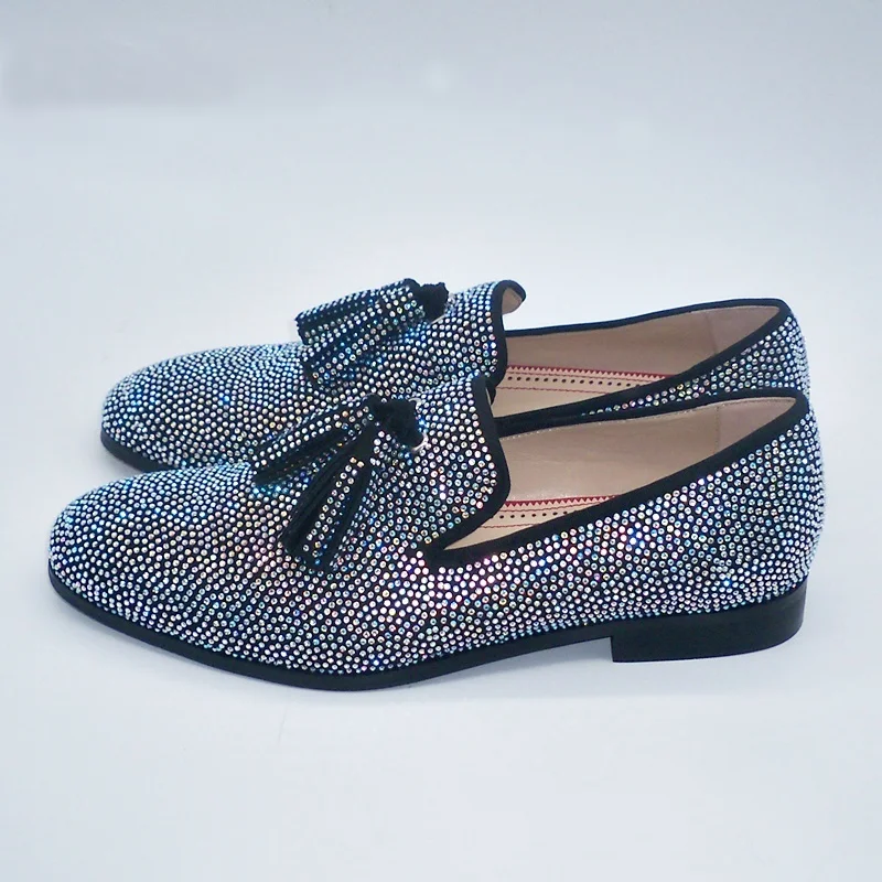 

Buty Meskie Sparkling Crystal Rhinestone Men Loafers Luxury Suede Slip On Men Shoes Fashion Tassel Mens Dress Shoes