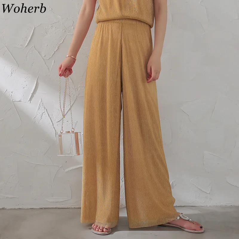 

Woherb Elastic High Waist Wide Leg Chiffon Pants Korean Summer Modis Trousers Streetwear Office Lady Pant Pantalones Mujer