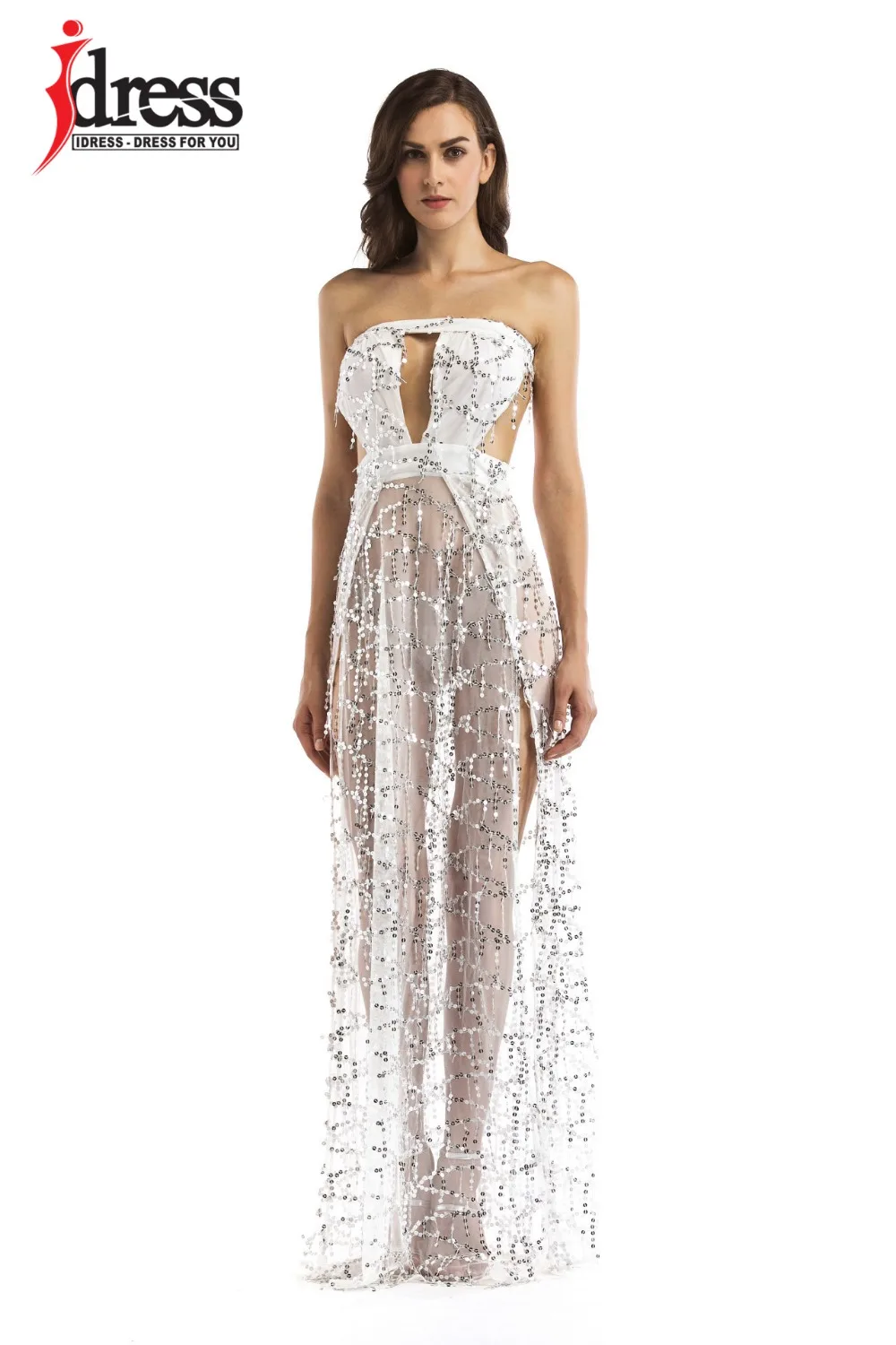 IDress Luxury Sexy Women Strapless Sequins Long Dress Club Waer 2017 Elegant Golden Black White Party Dresses Maxi Vestidos De Festa (2)