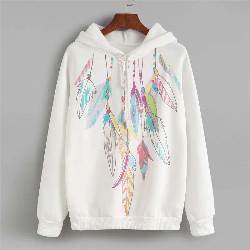  New Style Womens Female Feather Print Long Sleeve Hoodie Sweatshirt Hooded Pullover Blouse Fashion 