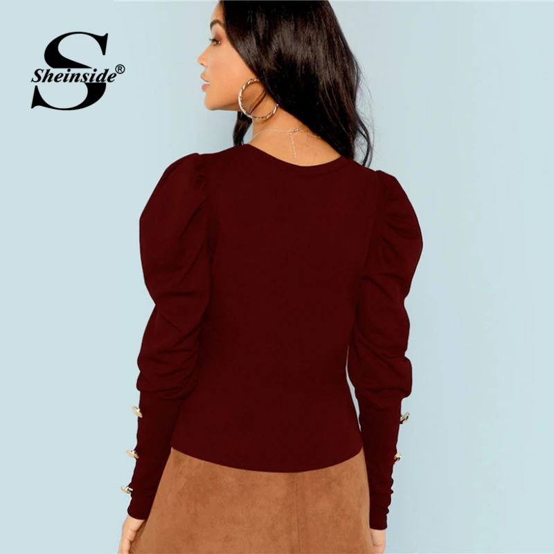 Sheinside, элегантная женская футболка с длинным рукавом, с пышными рукавами, с пуговицами, с деталями, футболка, Бордовые женские Топы И Футболки, осенние Рубашки