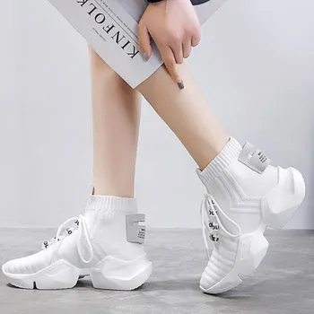 

2019 Spring Autumn Woman Running Shoes Fashion Knitted Mesh Cloth Woman Sports Shoes High-top Wild Thick Bottom Sneakers Y2-76