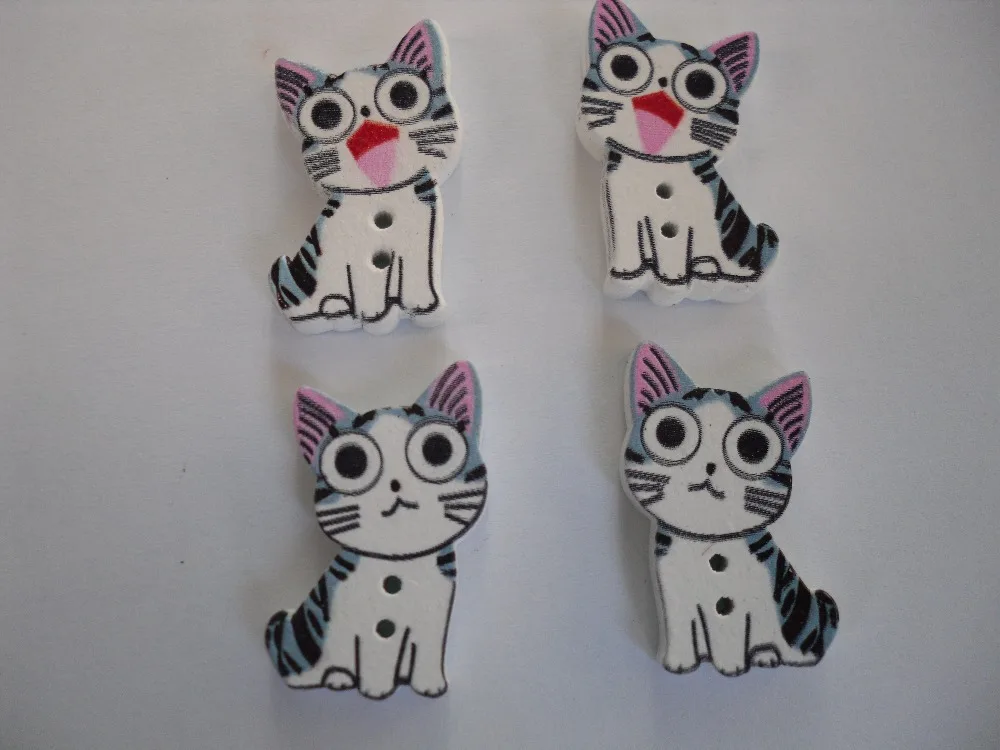 

100PCS Lovely cat painting wooden button clothes manual DIY accessory craft findings handmade 21*17MM