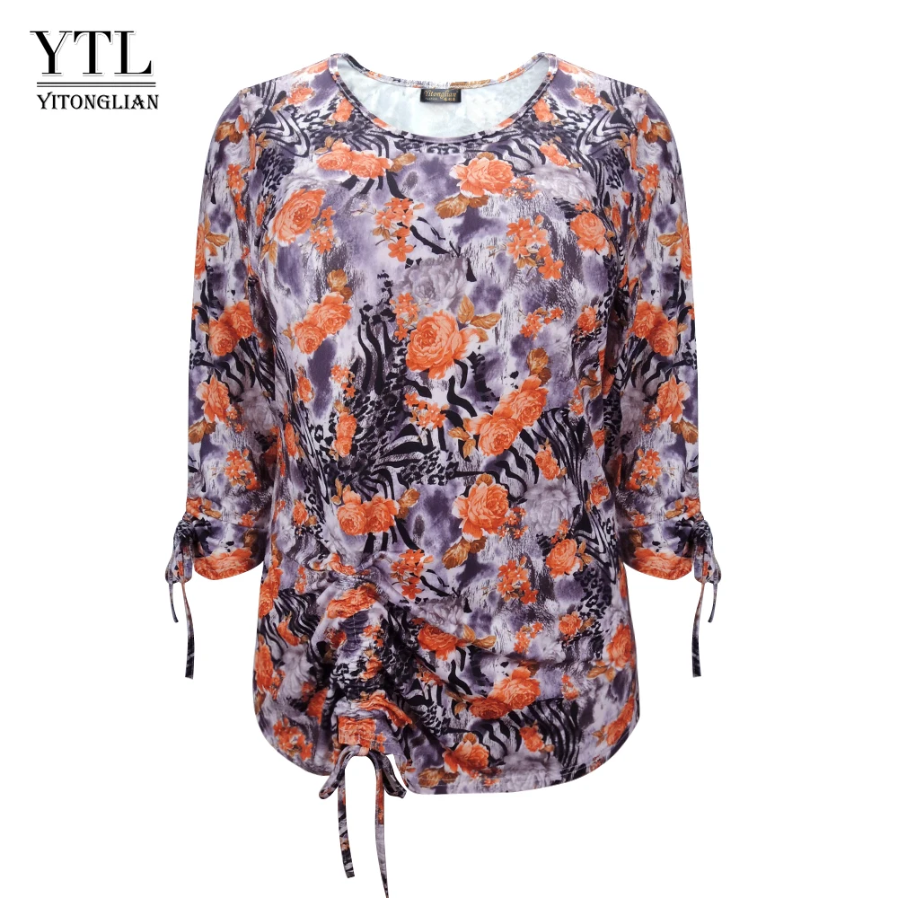  YTL Ladies Plus Size Top Autumn Comfortable Vintage Leopard Flower Pattern Office Casual Tunic Tie 