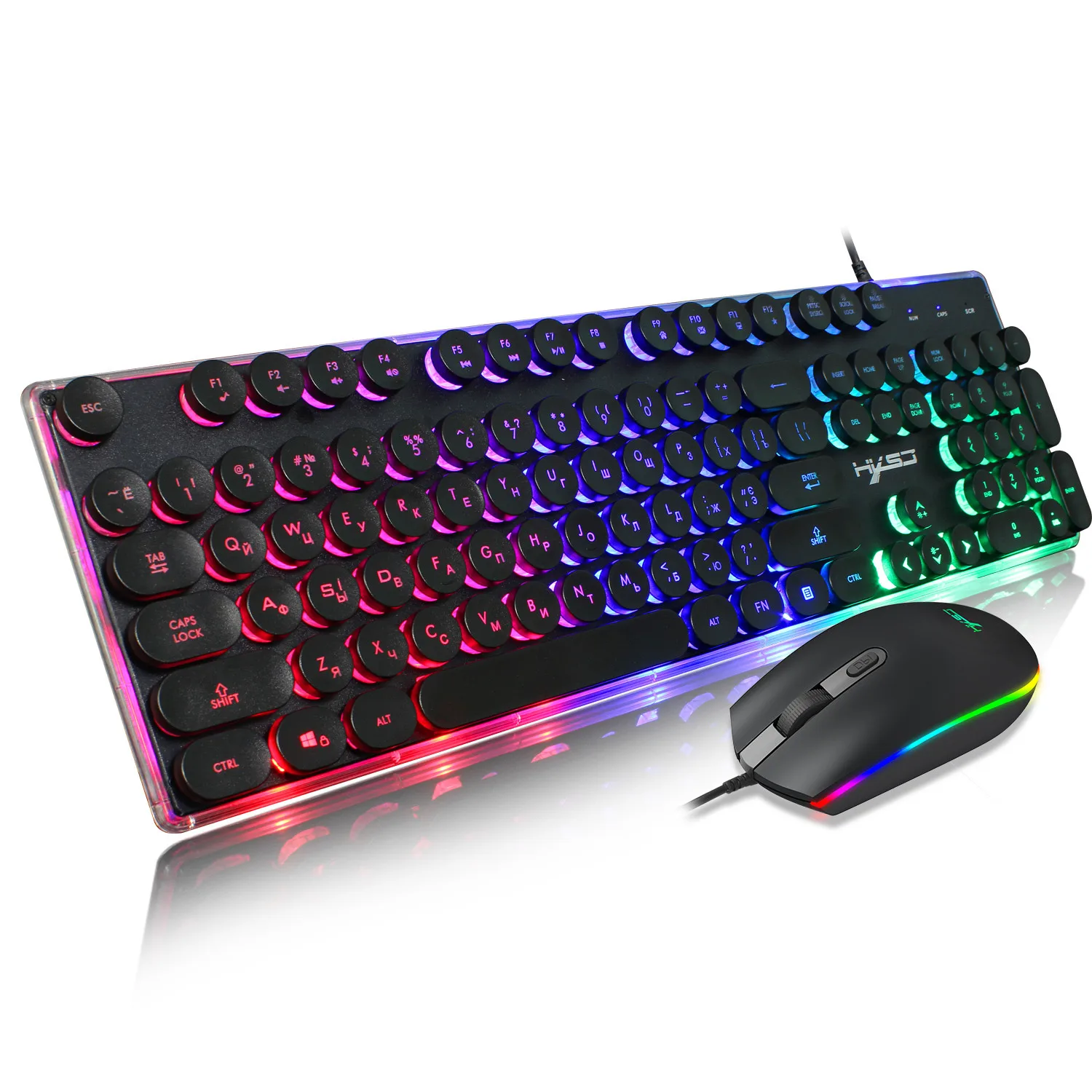 HXSJ V300 Russian Round Keycap Rainbow Suspension Backlit Gaming Keyboard+Mice 
