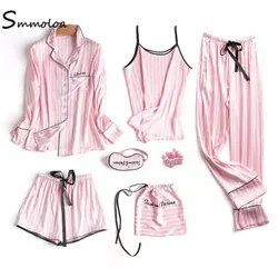 Smmoloa женский пикантный Шелковый Атласный полосатый пижамный комплект из 7 предметов Весна Лето пижамы наборы