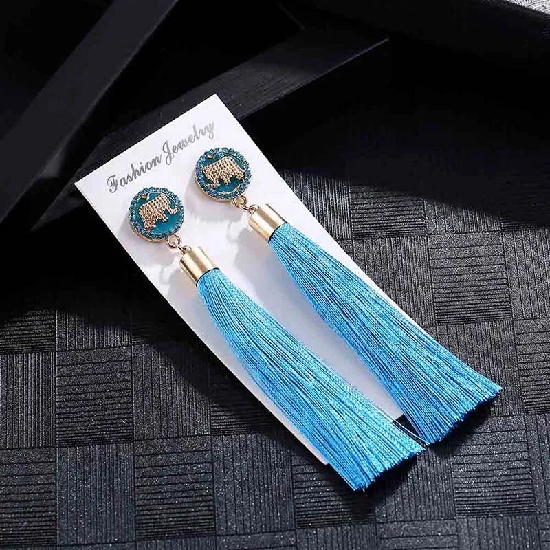 E6099 Trendy Earrings Drop Earrings ElephantSilkDangleLongBohemianBlueMetalBohoGold Tassel Earrings For Women Jewelry