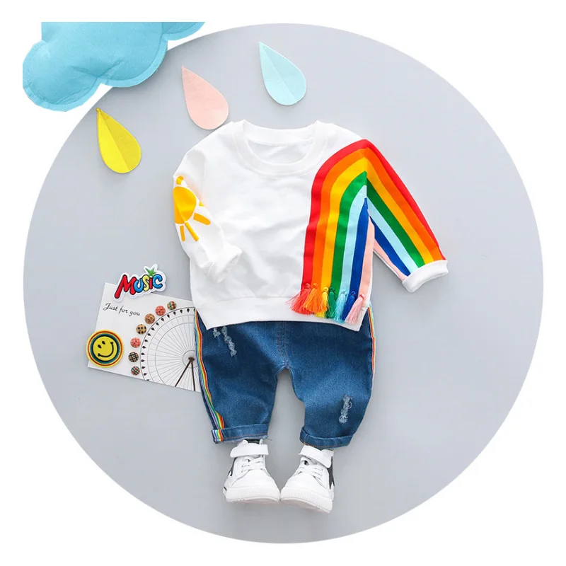 

Girls set rainbow pattern baby suit manufacturers Korean children's clothing cotton children's suit 2019 spring