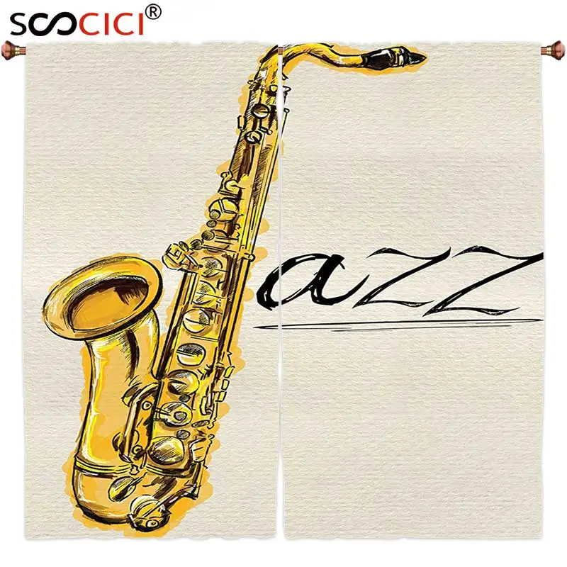 

Window Curtains Treatments 2 Panels,Jazz Music Decor Collection Classic Painting of Jazz Saxophone Print on Plain Background