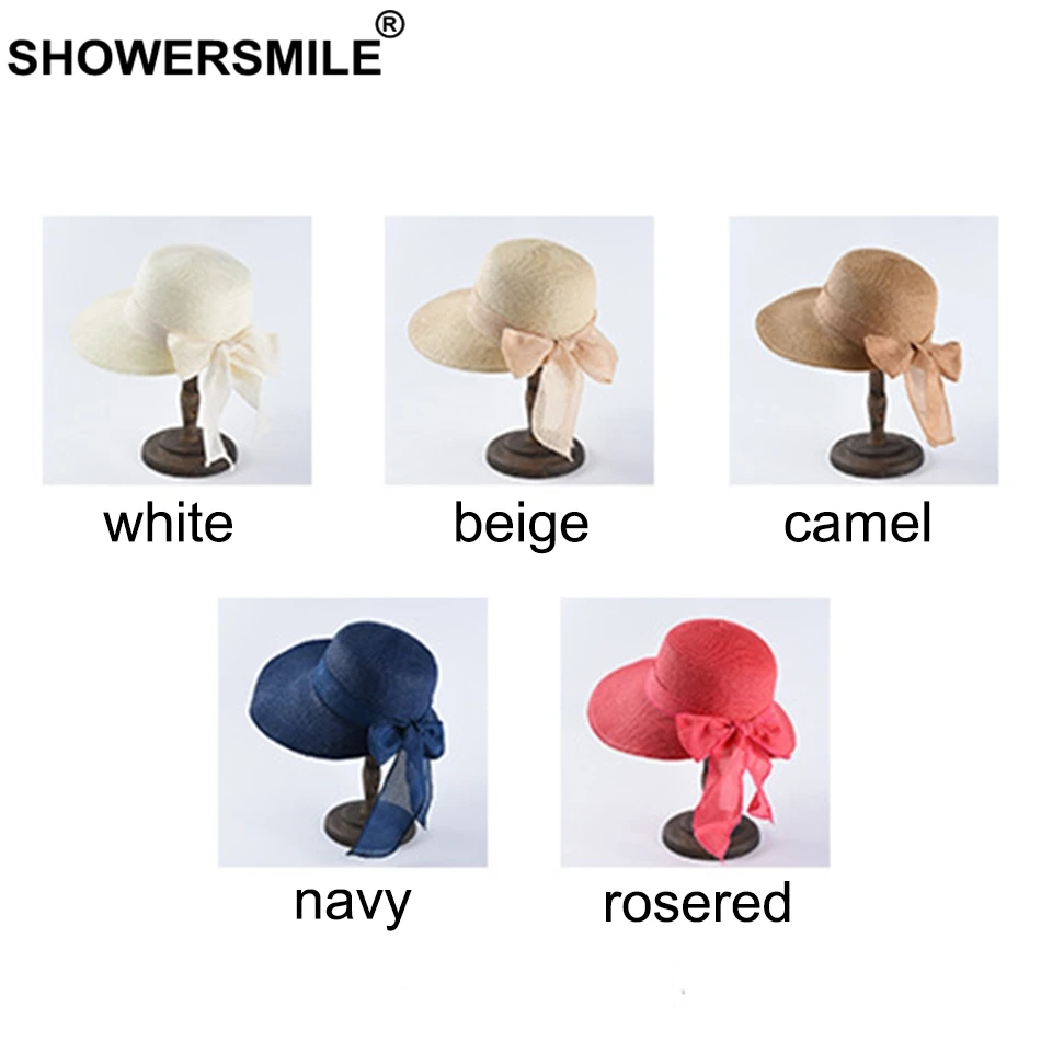 SHOWERSMILE большой соломенная шляпа с полями Для женщин 12 см Rosered женский головной убор от солнца модные бумажный с бантом Соломенная УФ-защита