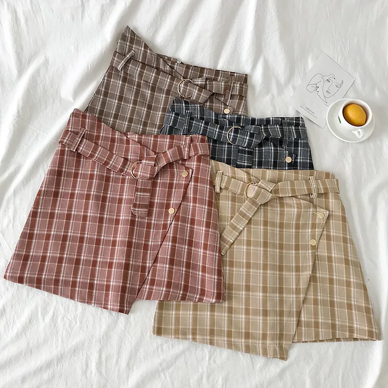 

Fashion Slim Asymmetrical Plaid Print Ladies Summer Mini Short Skirt Sashes Women Casual High Waist Bandage Irregular Skirts