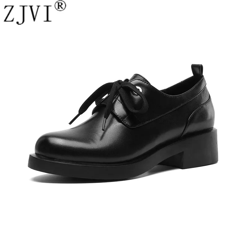 

ZJVI woman fashion genuine leather pumps ladies autumn 4cm square heels shoes for women 2019 black casual winter round toe shoes