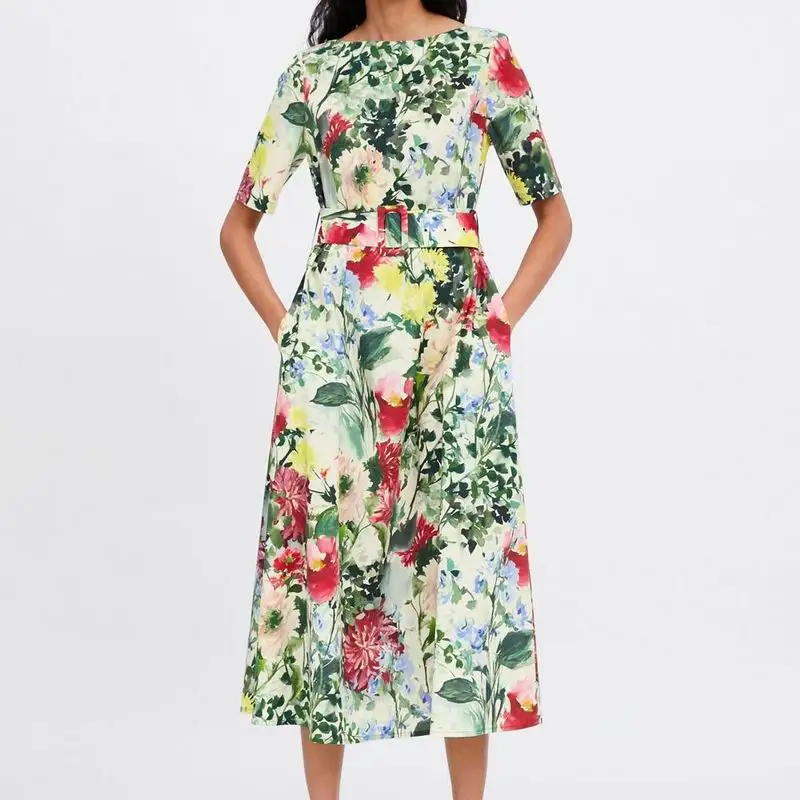 

Women Summer Dresses 2019 New Fashion Floral Prints Sashes Belt Short Sleeve Lady's Casual Mid-Calf Dresses Feminino Vestidos