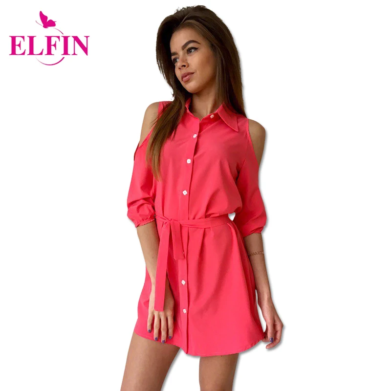 

2017 Shirt Dress Summer Mini Dress Cold Shoulder Women Dress Bandage Turn Down Collar Slim Button Casual Dress LJ5009R