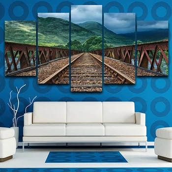 

Wall Art Living Room Home Decor Printed Pictures 5 Panel Railway Hills Forest Scenery Modern HD Frame Canvas Painting Poster