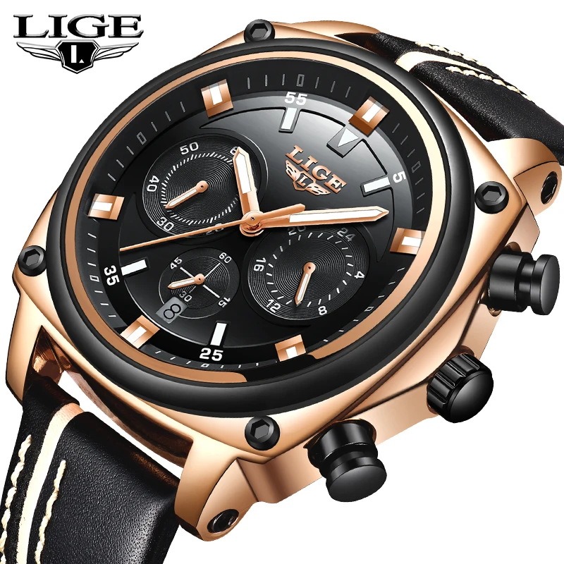 

LIGE Men Watch Sports Military Leather Quartz Watch Men's Top Brand Luxury Watch Business Waterproof Chronograph Relogio Masculi