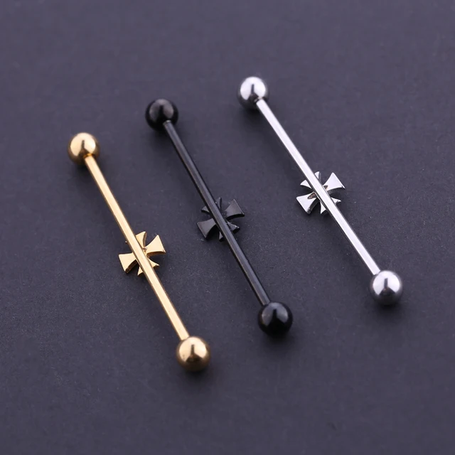 Online Fashion Stud Earrings Cross Barbell Fashion Stud Earrings Cross Barbell 14g Cartilage Bar Body Piercing For Woman Man Free Shipping 1pc