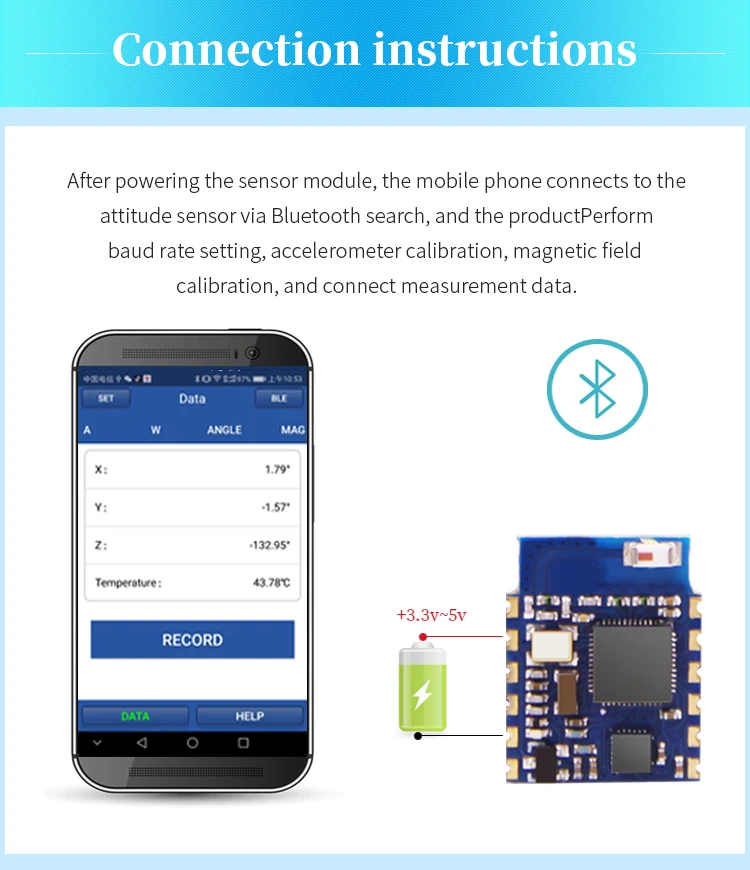 Bluetooth BLE 5,0 низкое потребление расстояние> 50 м WT901BLE 3 оси Угол+ акселерометр+ гироскоп+ магнитометр для ПК/IOS/Android