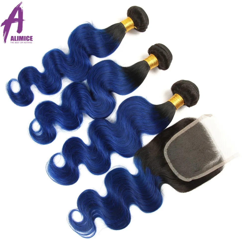 Alimice Ombre Bundles With Closure T1BBlue Colored Two Tone Human Hair Brazilian Body Wave Hair 3 Bundles With Closure 4PcsLot (1)