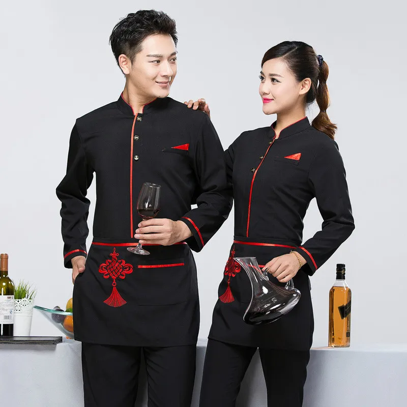 Новый дизайн с длинным рукавом Китайский официант Униформа отель одежда для официанта осень фартуки для официантов Ресторан униформа