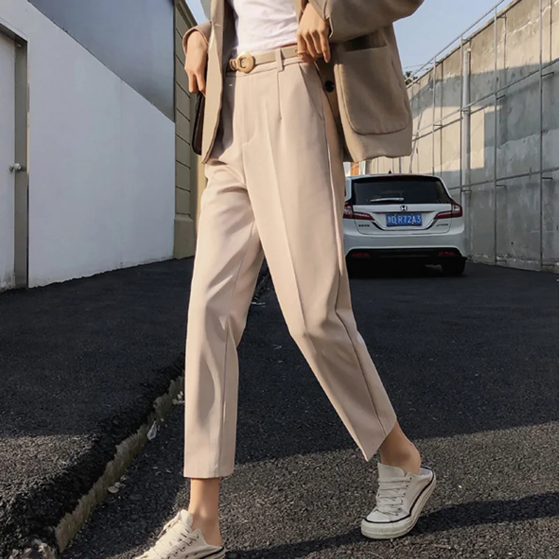 

BGTEEVER Solid Apricot Women Pants High Waist Belted Straight Pants Office Lady Suit Pants Elegant Women Trousers 2019