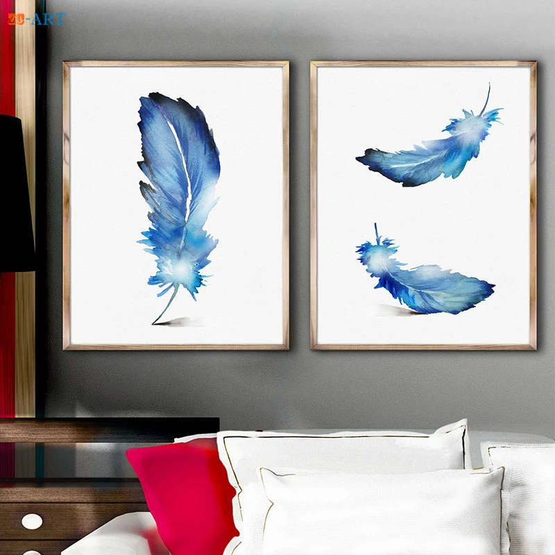 Framed Canvas Printed Feather Art Print Watercolor Blue Feather Home