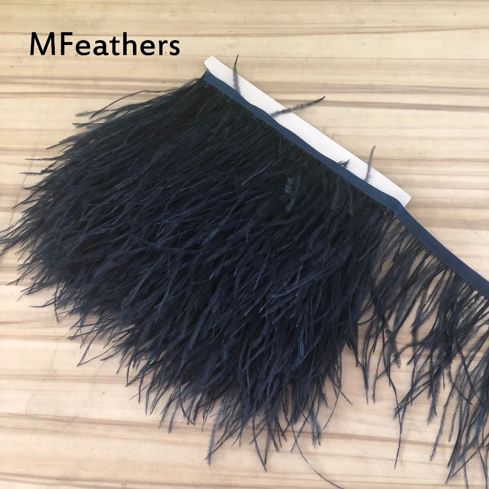 

MFeathers Cheap Sales 5-10meters per lot Navy blue color Dyed ostrich feather trim fringes strips sewed on satin ribbon Lace