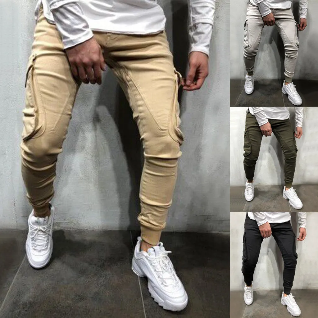 New Fashion Men's Slim Pure Color Casual Sports Woven Pocket Feet Pants pantalones hombre streetwear joggers sweatpants