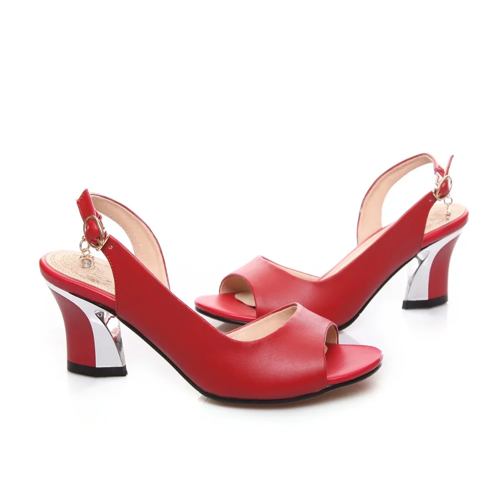 

PQECFS Big size 33-44 high quality summer fashion women solid sweet buckle genuine leather high heels sandals 3 colors