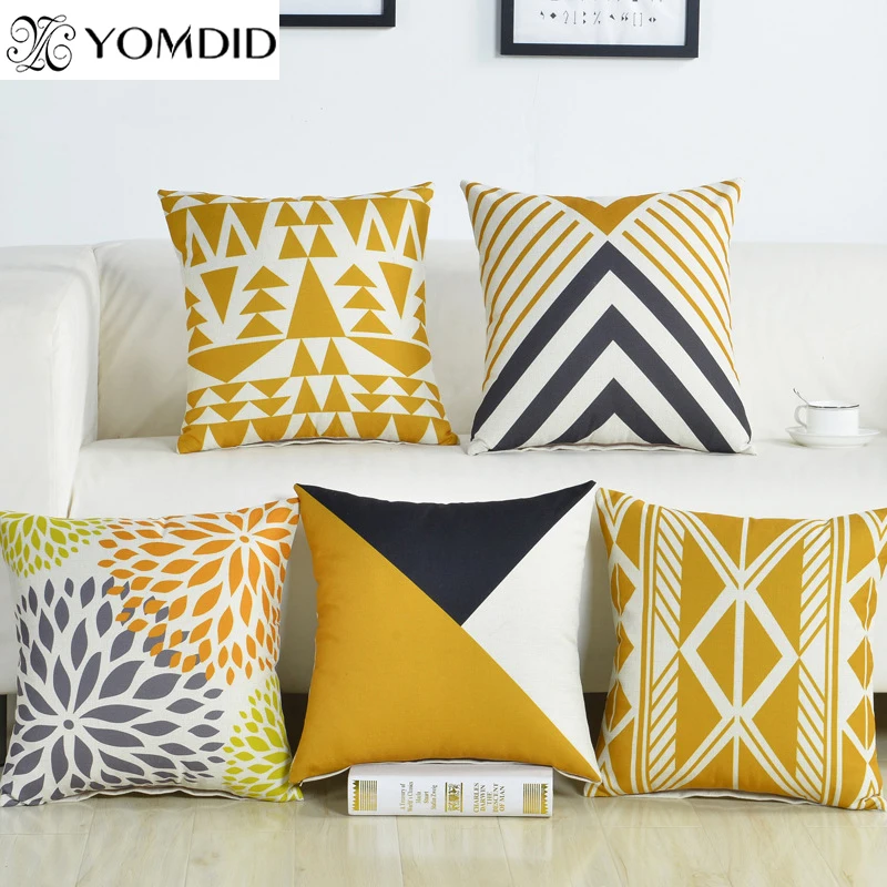 

Yellow Geometric Cushion Cover Grey Grid Decorative Cushion Covers Cotton Linen Throw Pillow Chair Sofa Home Decor Pillow Case
