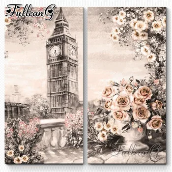 

FULLCANG 2pc/set diy diamond embroidery london tower landscape & roses painting full square/round drill 5d mosaic pattern FC744