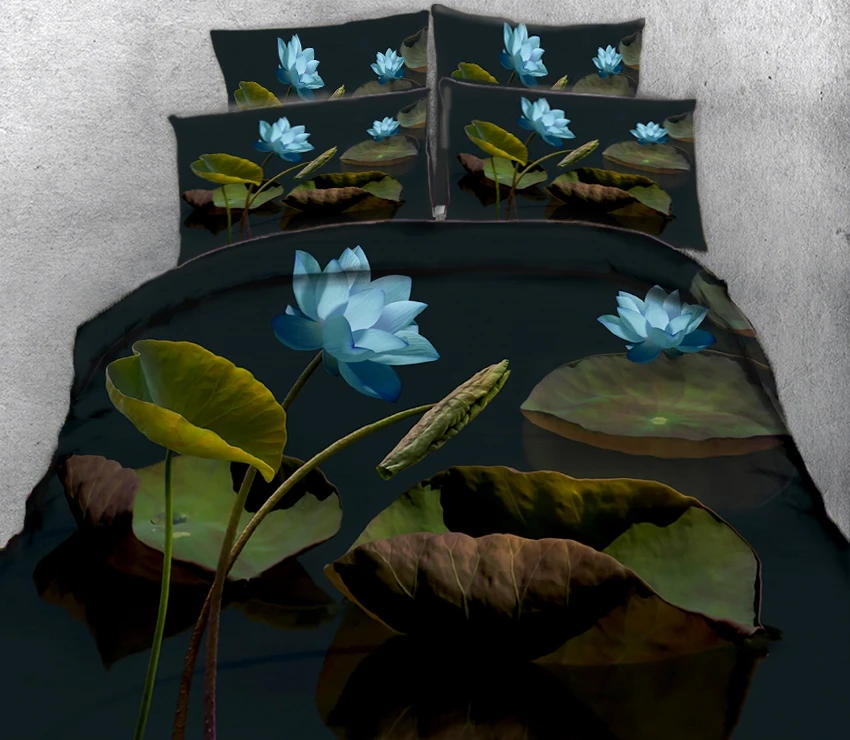 

Dark green lotus leaf and blue lotus 3d effect photo bed linen can be customized photo pattern