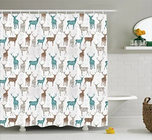 Deer Shower Curtain Animals with Old Text Pattern Christmas Theme Vintage Inspired Illustration | Дом и сад