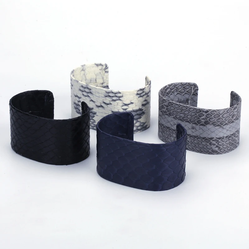 

Charm Navy Blue Light Grey Black Dark Gray Genuine Real Snake Leather Wide Wrap Big Open Bangle Cuff For Women Diy Raw Bangle