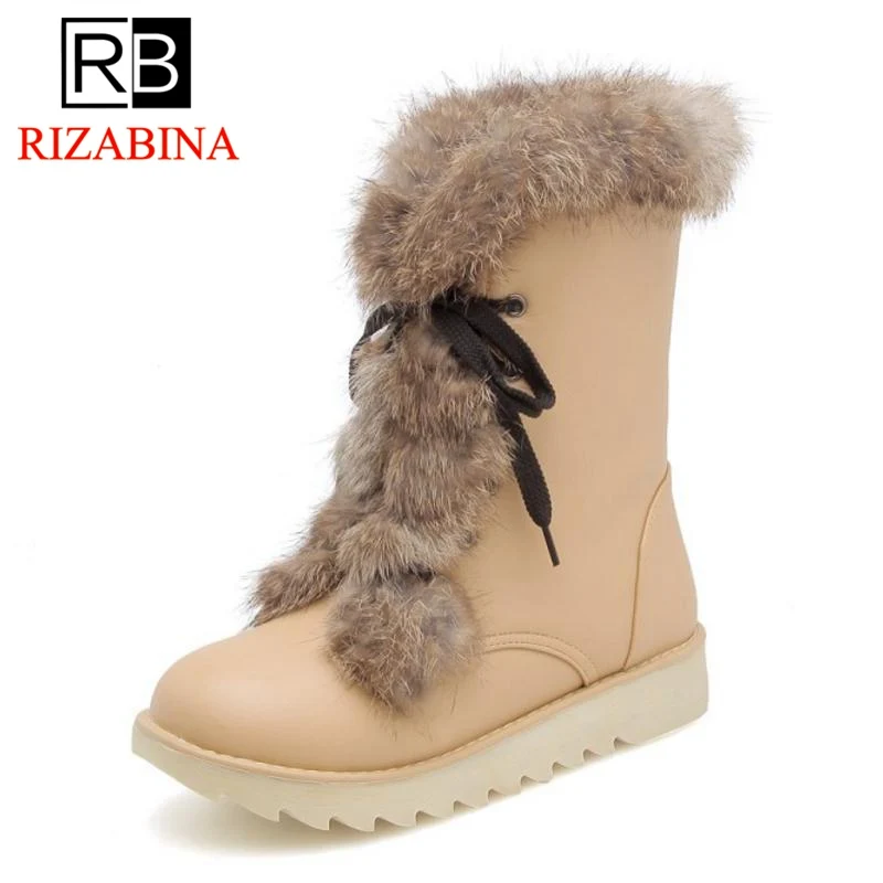 

RIZABINA 5 Colors Women Flats Boots Plush Fur Winter Warm Shoes Woman Cross Strap Mid Calf Boots Fashion Sweet Boots Size 34-43