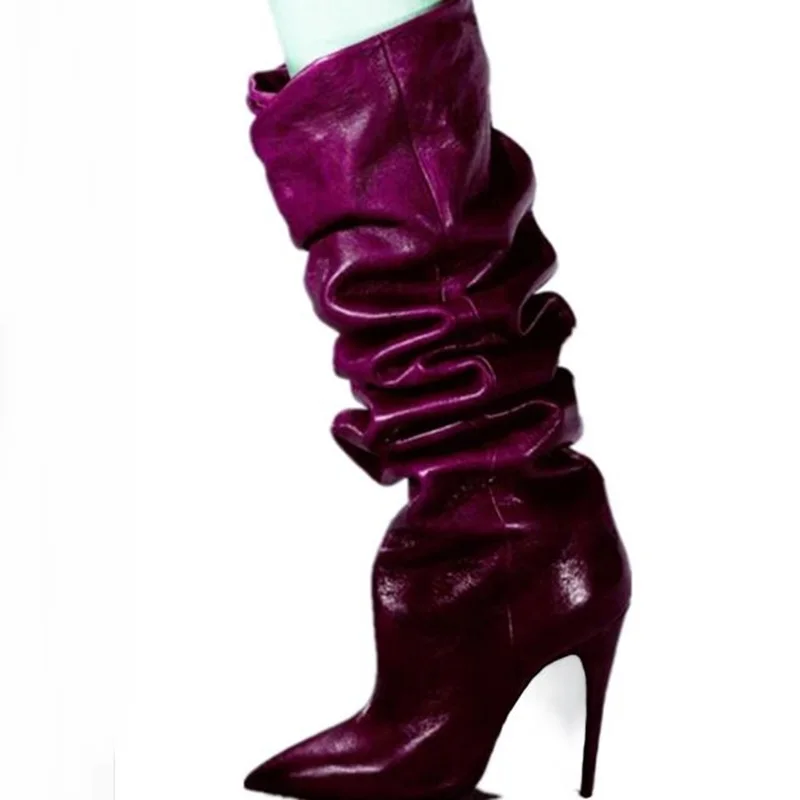 Женская обувь; шикарные кожаные сапоги до колена с острым носком со складками; обувь на высоком каблуке-шпильке без застежки; женская обувь на каблуке 10 см