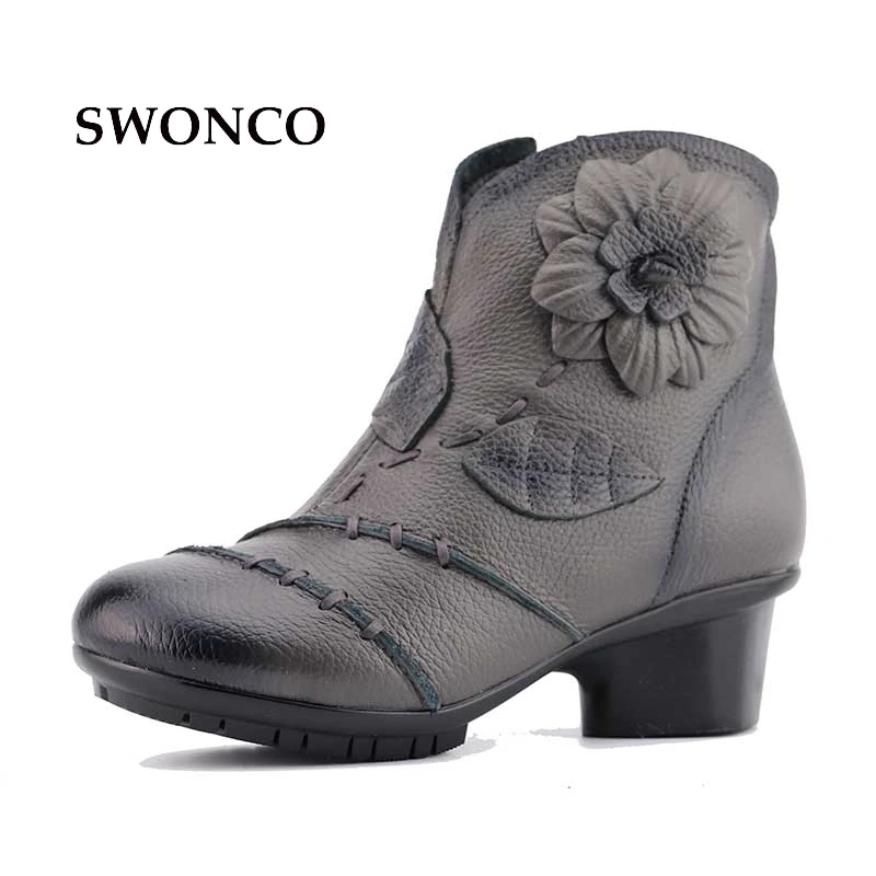 

Women's Boots Women Flower Winter Genuine Leather Warm Ankle Boots Women 2017 Heels Thick With Fur 10