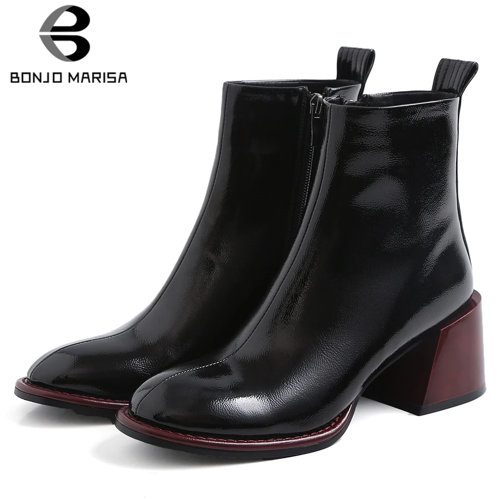 

BONJOMARISA New Brand Fashion Ladies Patent PU Booties Black Ankle Chealsea Boots Women 2019 High Wide Heels Shoes Woman