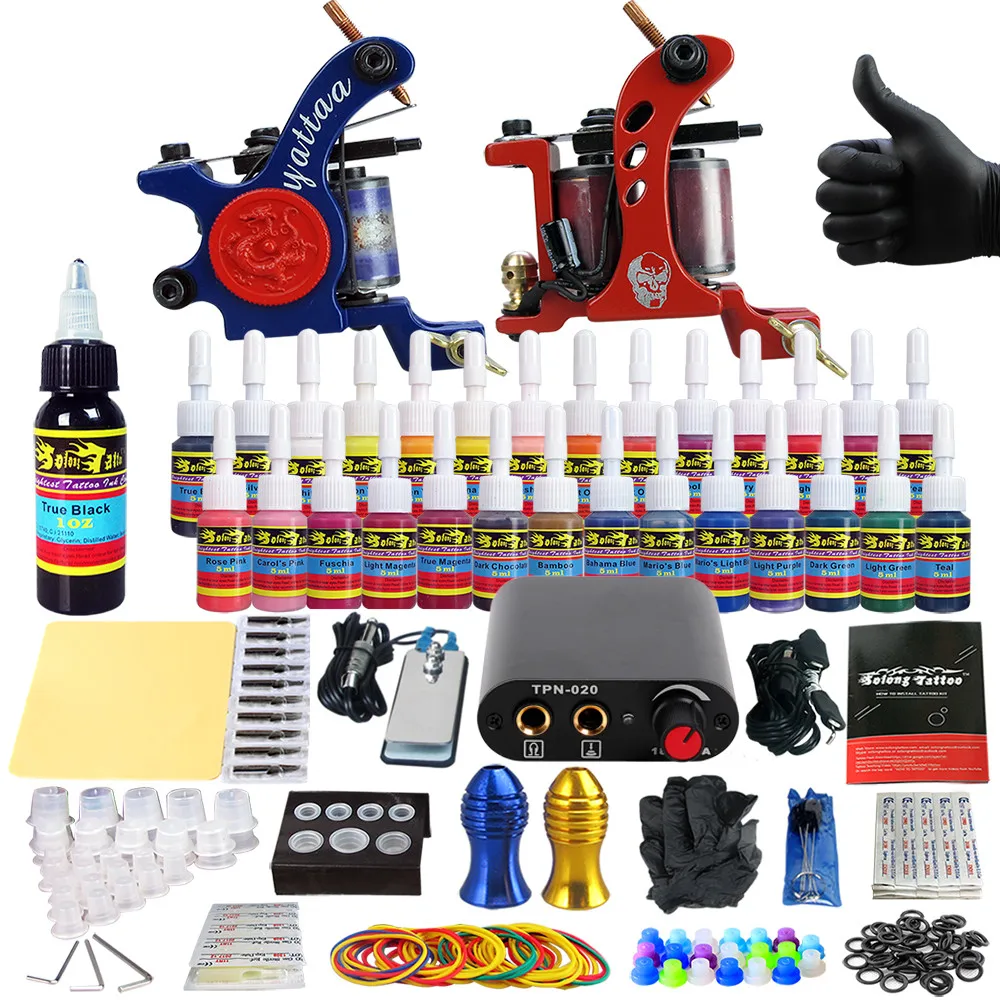 

Solong Tattoo Complete Tattoo Kit for Beginner Starter 2 Pro Machine Guns 28 Inks Power Supply Needle Grips Tips TK204-35