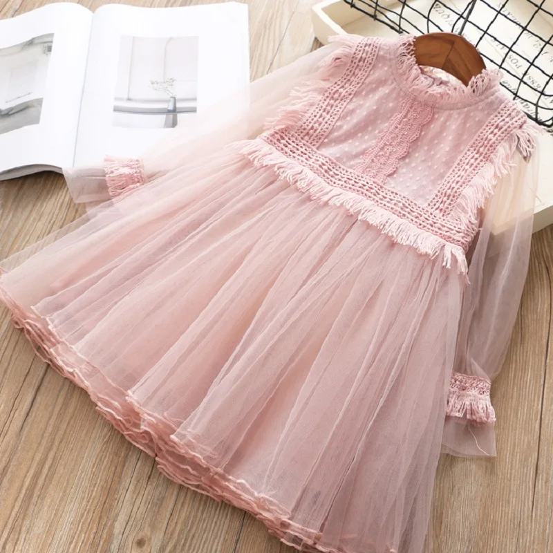 Girls Dresses 2019 Spring New Children's Wear Fresh Sweet Mesh Lace Tassel Long Sleeve Princess Fluffy Dress | Детская одежда и