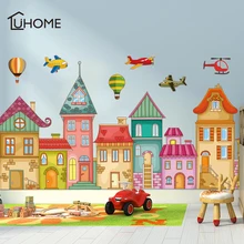 Cartoon Castle Helicopter Hot Air Balloon Wall Stickers for Kids Room Kindergarten Wall Decal Children Room Baseboard Wallpaper