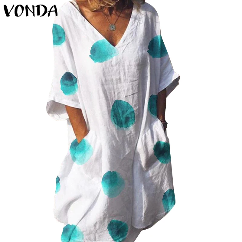 VONDA/винтажное платье в горошек для женщин; летнее платье с короткими рукавами; туника с принтом; большие размеры; пляжные вечерние сарафаны в богемном стиле; Vestidos