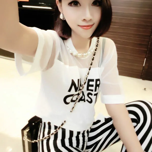 

2019 Women T-Shirt Crop Top Shirt Sleeve Mesh See-through Short Tops For PL2