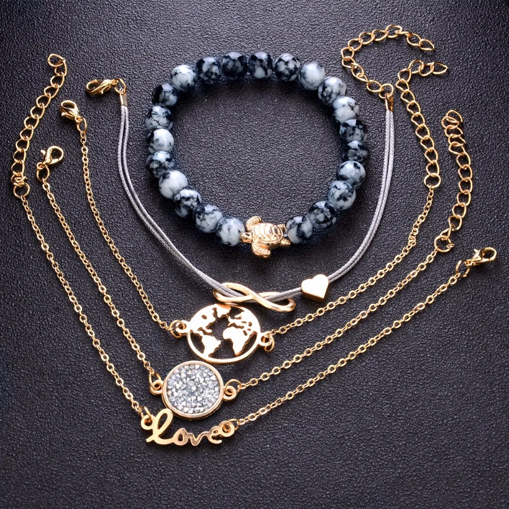 

5Pcs/ Set ZA Gold Bracelet Sets For Women Punk Turtle Map Heart Letter Love Crystal Beads Chain Pendant Charms Jewelry Gifts New