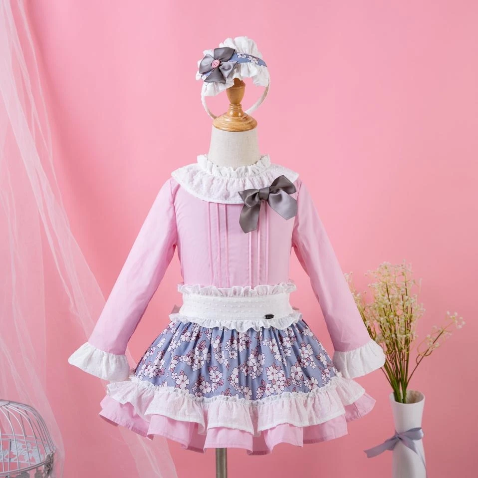 

Pettigirl Wedding Pink Girls Clothing Sets O-Neck Long Sleeves Top With Bow+Flower Skirt With Headwear Clothes G-DMCS103-B228
