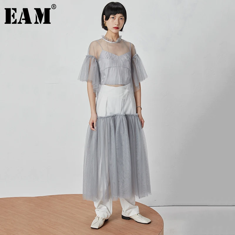 

[EAM] 2019 New Spring Summer Round Neck Half Sleeve Mesh Perspective Bandage Spliced Loose Long Dress Women Fashion Tide JY392